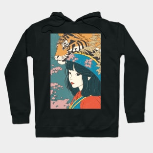 Lady tiger in pink flower forest Hoodie